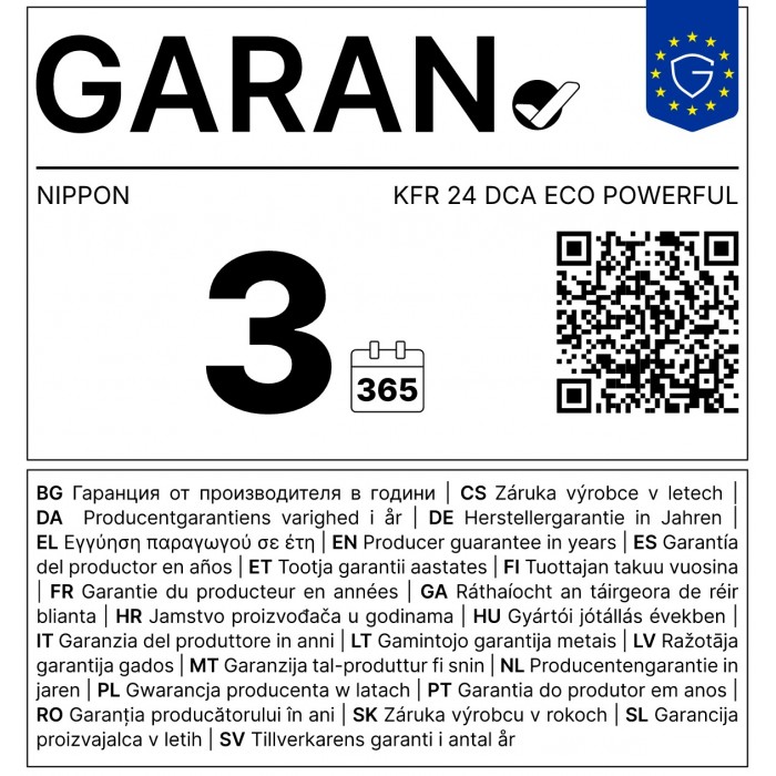 Климатик Nippon KFR 24 DCА ECO POWERFUL, Клас охлаждане A++ / Клас отопление A+